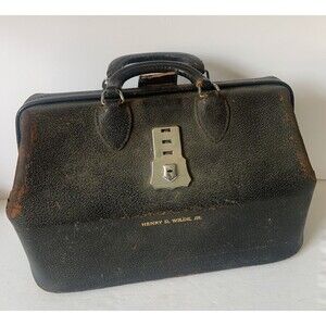 Vintage Antique KRUSE Doctor Bag Medical Black Pig Skin Leather Handbag 52 16